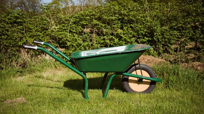 a green wheelbarrow sitting on top of a lush green field
